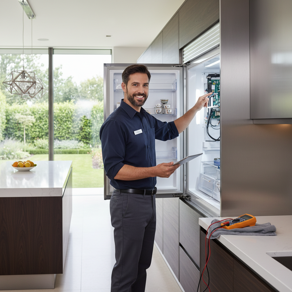 Professional technician inspecting a built-in refrigerator
